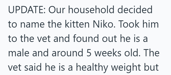 UPDATE: Our household decided to name the kitten Niko. Took him to the vet and found out he is a male and around 5 weeks old. The vet said he is a healthy weight but