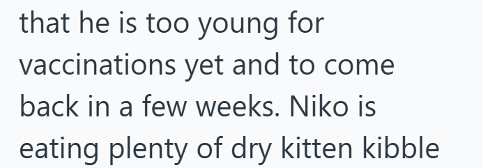that he is too young for vaccinations yet and to come back in a few weeks. Niko is eating plenty of dry kitten kibble