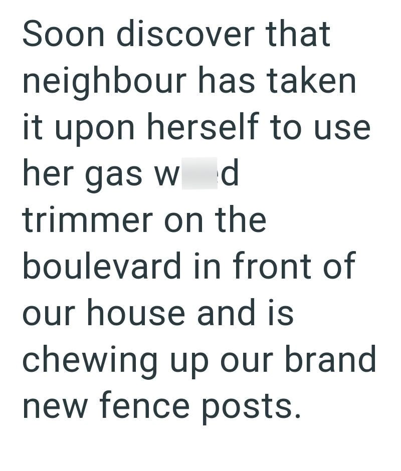 Soon discover that neighbour has taken it upon herself to use her gas w d trimmer on the boulevard in front of our house and is chewing up our brand new fence posts.