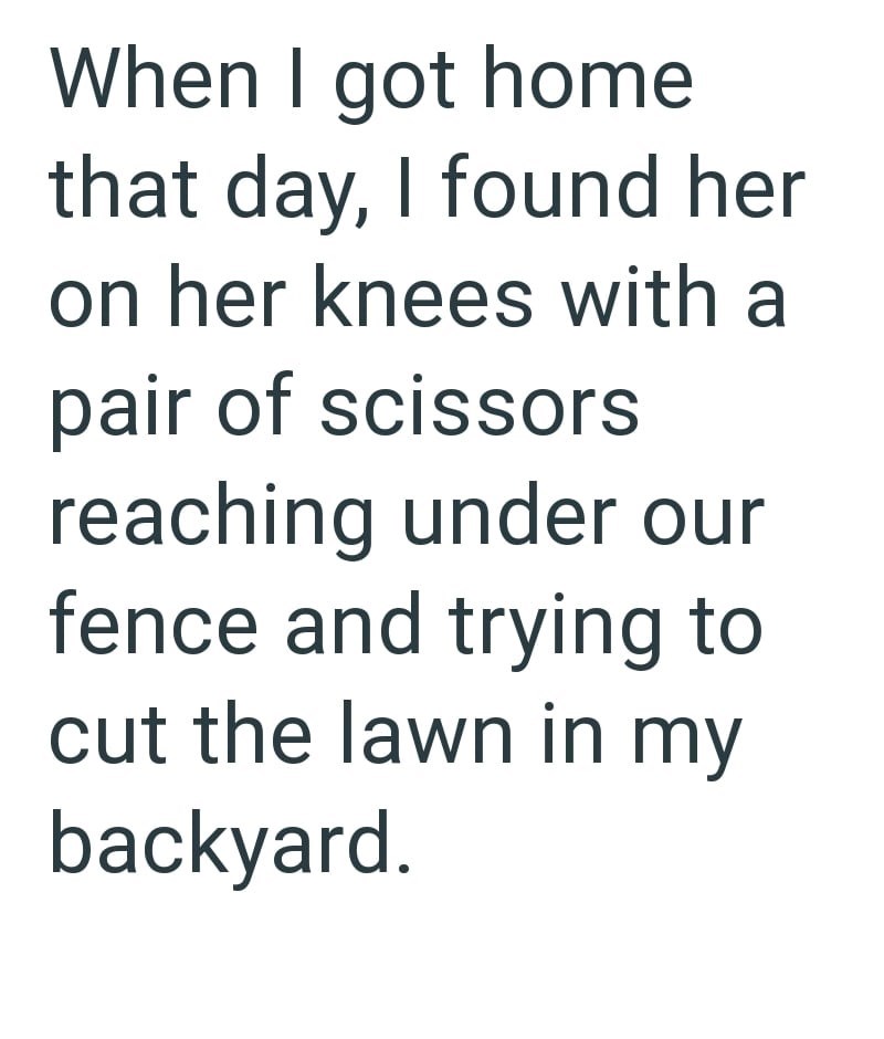 When I got home that day, I found her on her knees with a pair of scissors reaching under our fence and trying to cut the lawn in my backyard.