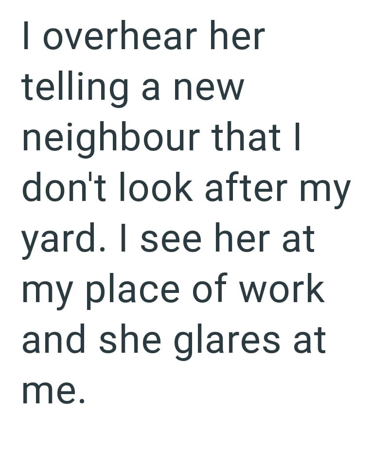 I overhear her telling a new neighbour that I don't look after my yard. I see her at my place of work and she glares at me.