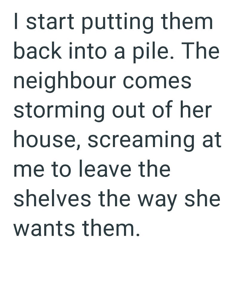 I start putting them back into a pile. The neighbour comes storming out of her house, screaming at me to leave the shelves the way she wants them.