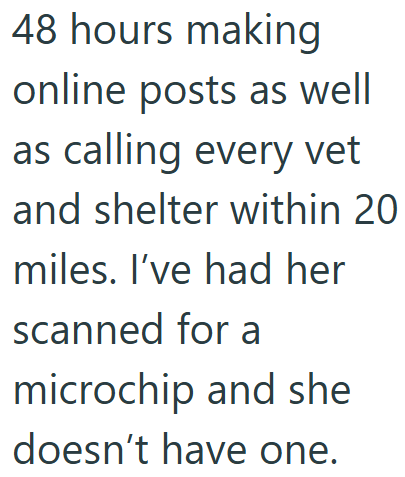 48 hours making online posts as well as calling every vet and shelter within 20 miles. I've had her scanned for a microchip and she doesn't have one.