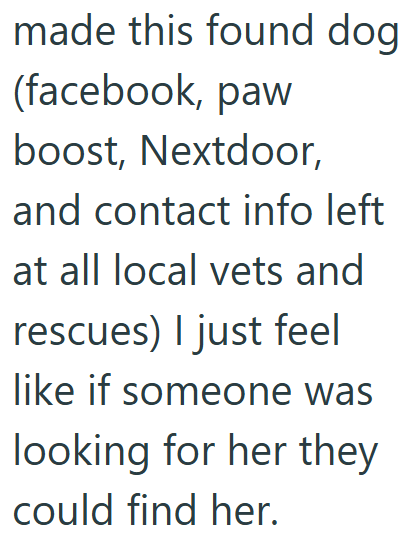 made this found dog (facebook, paw boost, Nextdoor, and contact info left at all local vets and rescues) I just feel like if someone was looking for her they could find her.