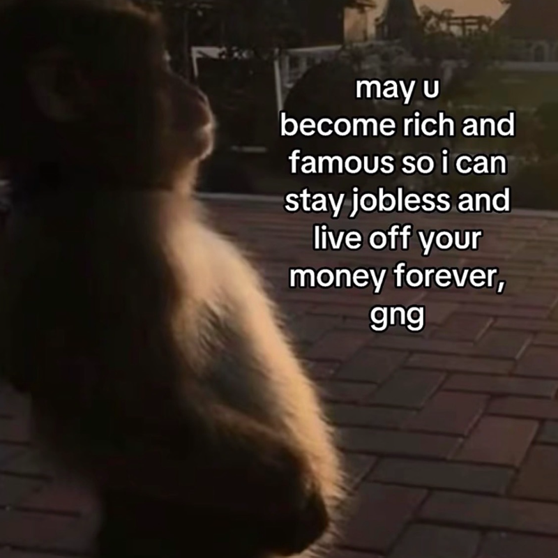 may u become rich and famous so i can stay jobless and live off your money forever, gng