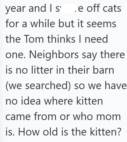 year and I s.e off cats for a while but it seems the Tom thinks I need one. Neighbors say there is no litter in their barn (we searched) so we have no idea where kitten came from or who mom is. How old is the kitten?