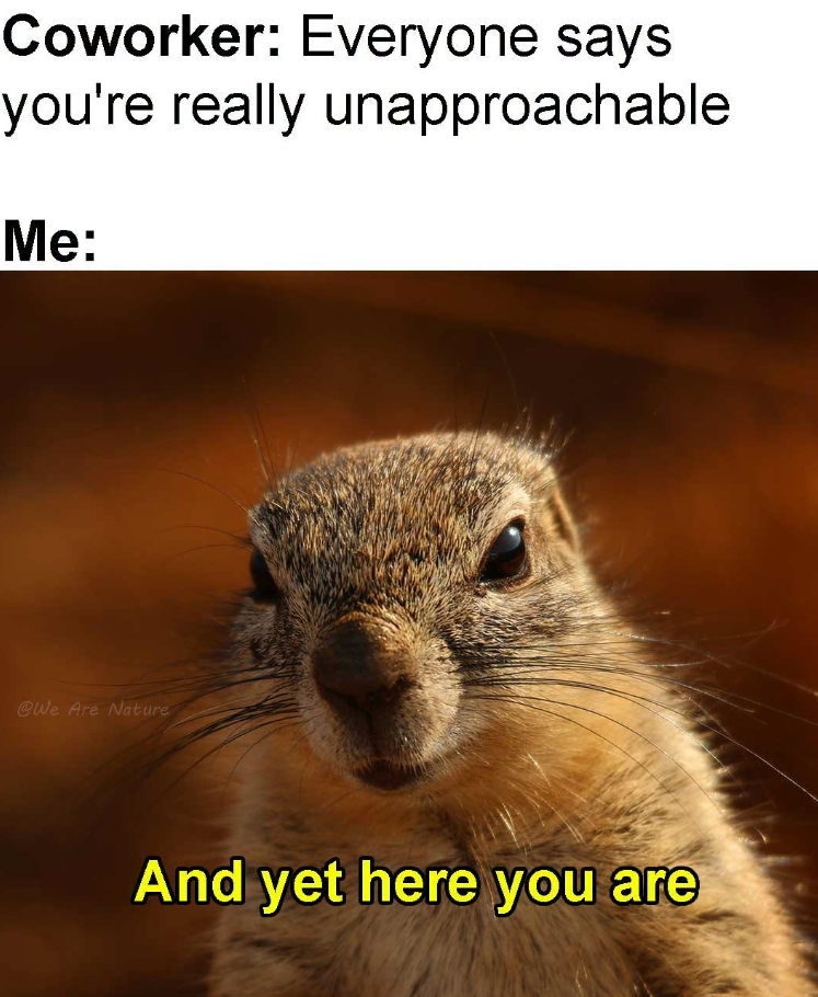 Coworker: Everyone says you're really unapproachable Me: @We Are Nature And yet here you are