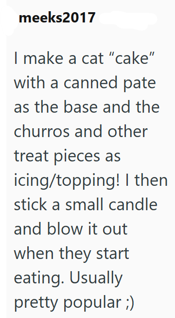 meeks2017 I make a cat "cake" with a canned pate as the base and the churros and other treat pieces as icing/topping! I then stick a small candle and blow it out when they start eating. Usually pretty popular ;)