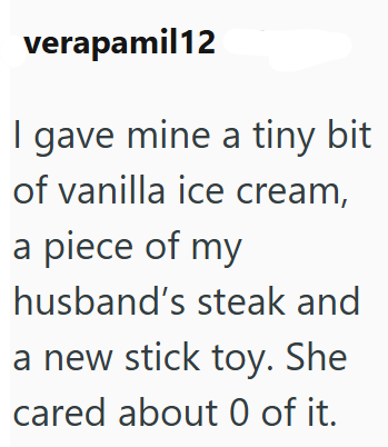 verapamil12 I gave mine a tiny bit of vanilla ice cream, a piece of my husband's steak and a new stick toy. She cared about 0 of it.
