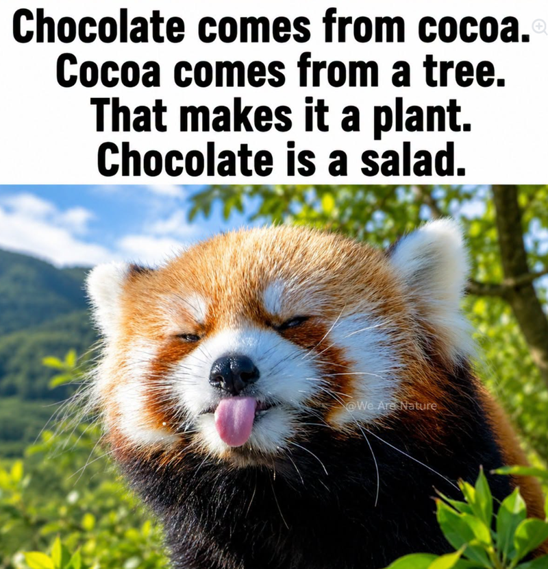 Chocolate comes from cocoa. Cocoa comes from a tree. That makes it a plant. Chocolate is a salad. @We Are Nature