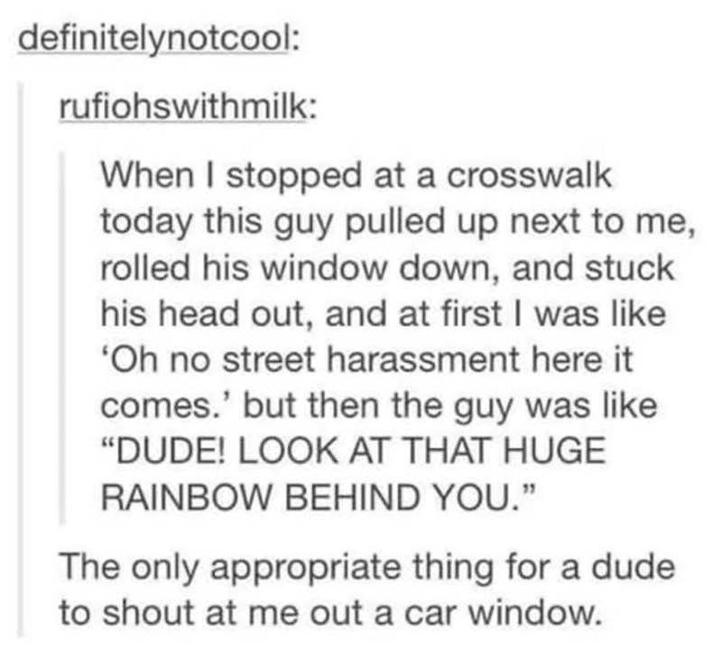 definitelynotcool: rufiohswithmilk: When I stopped at a crosswalk today this guy pulled up next to me, rolled his window down, and stuck his head out, and at first I was like 'Oh no street harassment here it comes.' but then the guy was like "DUDE! LOOK AT THAT HUGE RAINBOW BEHIND YOU." The only appropriate thing for a dude to shout at me out a car window.