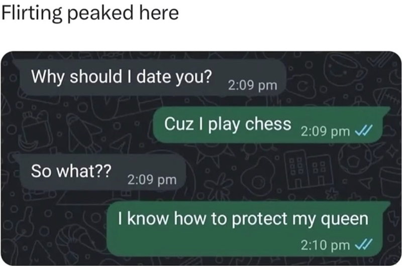 Flirting peaked here Why should I date you? 2:09 pm Cuz I play chess C So what?? 2:09 pm 2:09 pm ✓ I know how to protect my queen 2:10 pm ✓