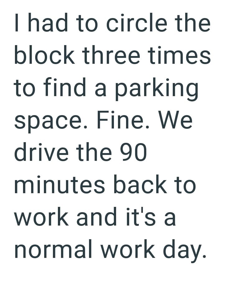I had to circle the block three times to find a parking space. Fine. We drive the 90 minutes back to work and it's a normal work day.