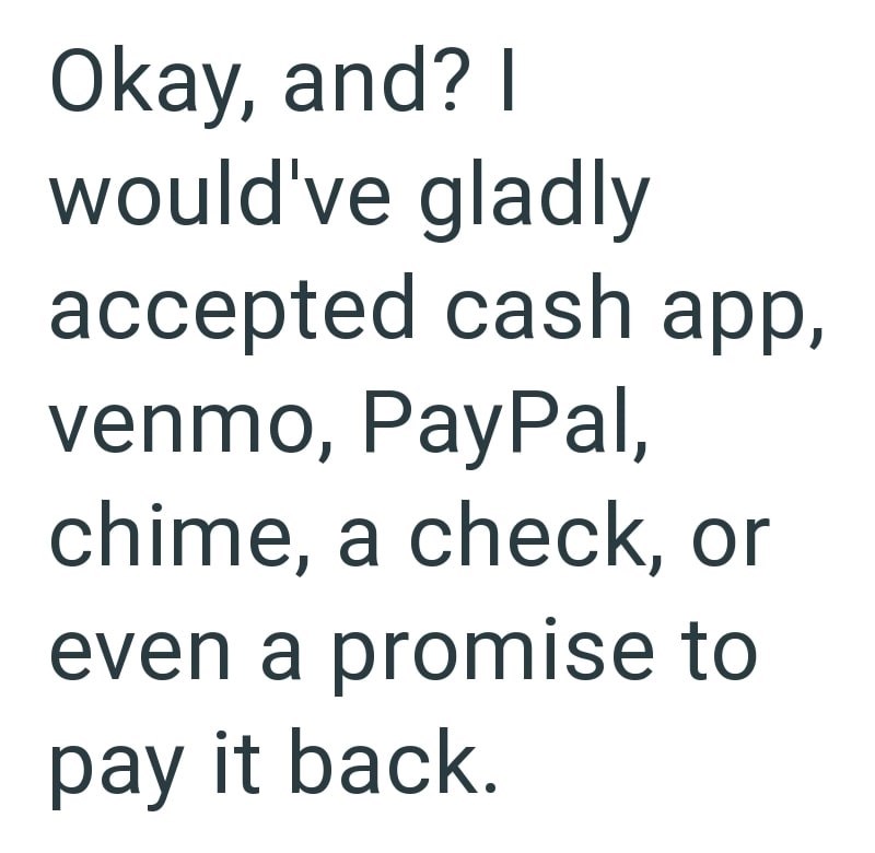 Okay, and? I would've gladly accepted cash app, venmo, PayPal, chime, a check, or even a promise to pay it back.