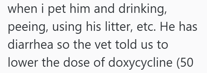 when i pet him and drinking, peeing, using his litter, etc. He has diarrhea so the vet told us to lower the dose of doxycycline (50