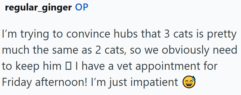 regular_ginger OP I'm trying to convince hubs that 3 cats is pretty much the same as 2 cats, so we obviously need to keep him □ I have a vet appointment for Friday afternoon! I'm just impatient