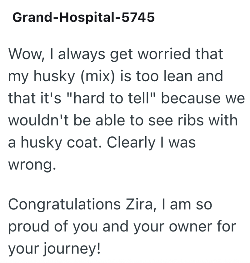 Grand-Hospital-5745 Wow, I always get worried that my husky (mix) is too lean and that it's "hard to tell" because we wouldn't be able to see ribs with a husky coat. Clearly I was wrong. Congratulations Zira, I am so proud of you and your owner for your journey!