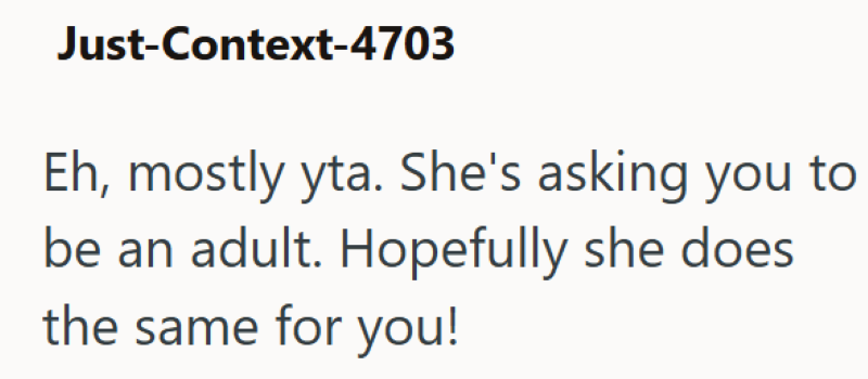Just-Context-4703 Eh, mostly yta. She's asking you to be an adult. Hopefully she does the same for you!