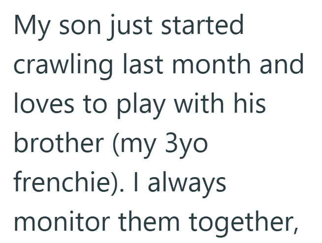 My son just started crawling last month and loves to play with his brother (my 3yo frenchie). I always monitor them together,