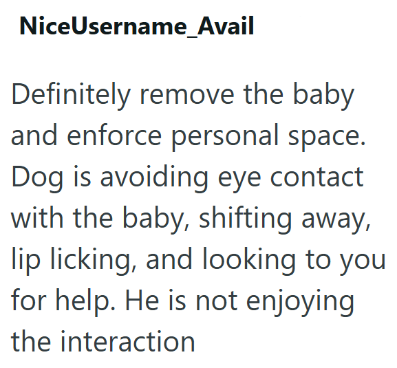 NiceUsername_Avail Definitely remove the baby and enforce personal space. Dog is avoiding eye contact with the baby, shifting away, lip licking, and looking to you for help. He is not enjoying the interaction