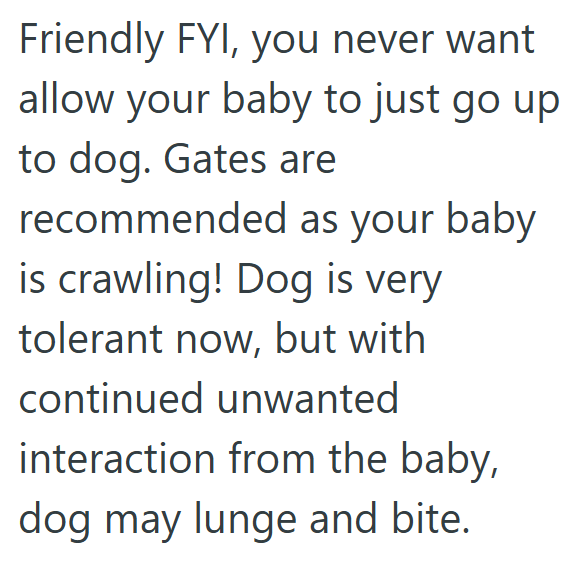 Friendly FYI, you never want allow your baby to just go up to dog. Gates are recommended as your baby is crawling! Dog is very tolerant now, but with continued unwanted interaction from the baby, dog may lunge and bite.