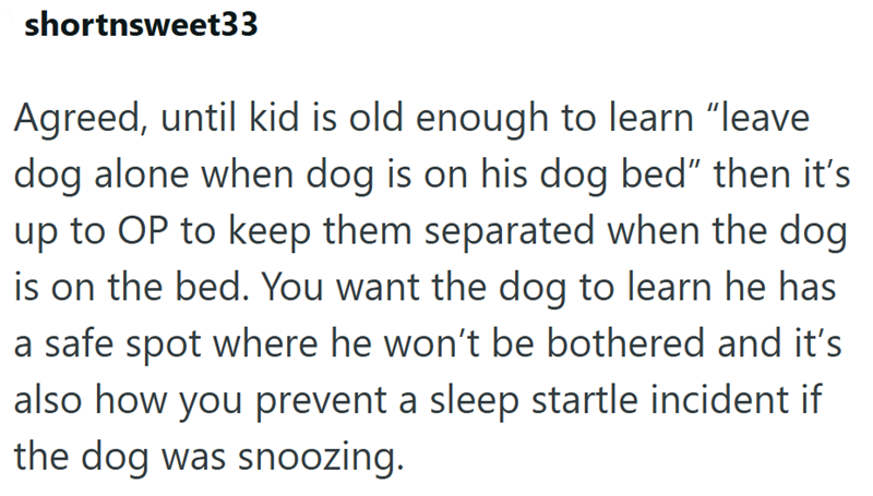 shortnsweet33 Agreed, until kid is old enough to learn "leave dog alone when dog is on his dog bed" then it's up to OP to keep them separated when the dog is on the bed. You want the dog to learn he has a safe spot where he won't be bothered and it's also how you prevent a sleep startle incident if the dog was snoozing.