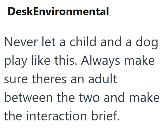 DeskEnvironmental Never let a child and a dog play like this. Always make sure theres an adult between the two and make the interaction brief.