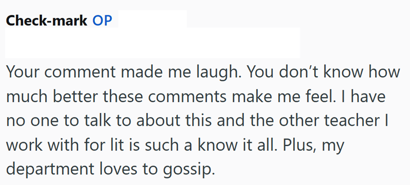 Check-mark OP Your comment made me laugh. You don't know how much better these comments make me feel. I have no one to talk to about this and the other teacher I work with for lit is such a know it all. Plus, my department loves to gossip.