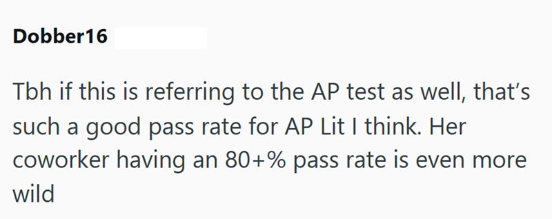 Dobber16 Tbh if this is referring to the AP test as well, that's such a good pass rate for AP Lit I think. Her coworker having an 80+% pass rate is even more wild