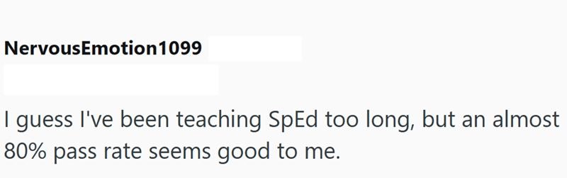 NervousEmotion 1099 I guess I've been teaching SpEd too long, but an almost 80% pass rate seems good to me.