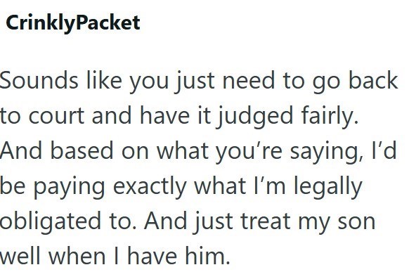 CrinklyPacket Sounds like you just need to go back to court and have it judged fairly. And based on what you're saying, I'd be paying exactly what I'm legally obligated to. And just treat my son well when I have him.