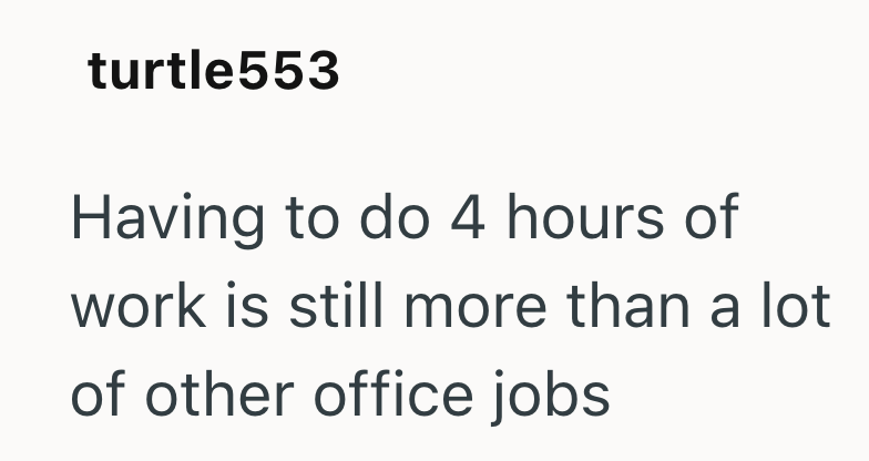 turtle553 Having to do 4 hours of work is still more than a lot of other office jobs
