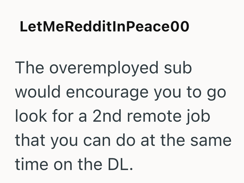 LetMeRedditInPeace00 The overemployed sub would encourage you to go look for a 2nd remote job that you can do at the same time on the DL.