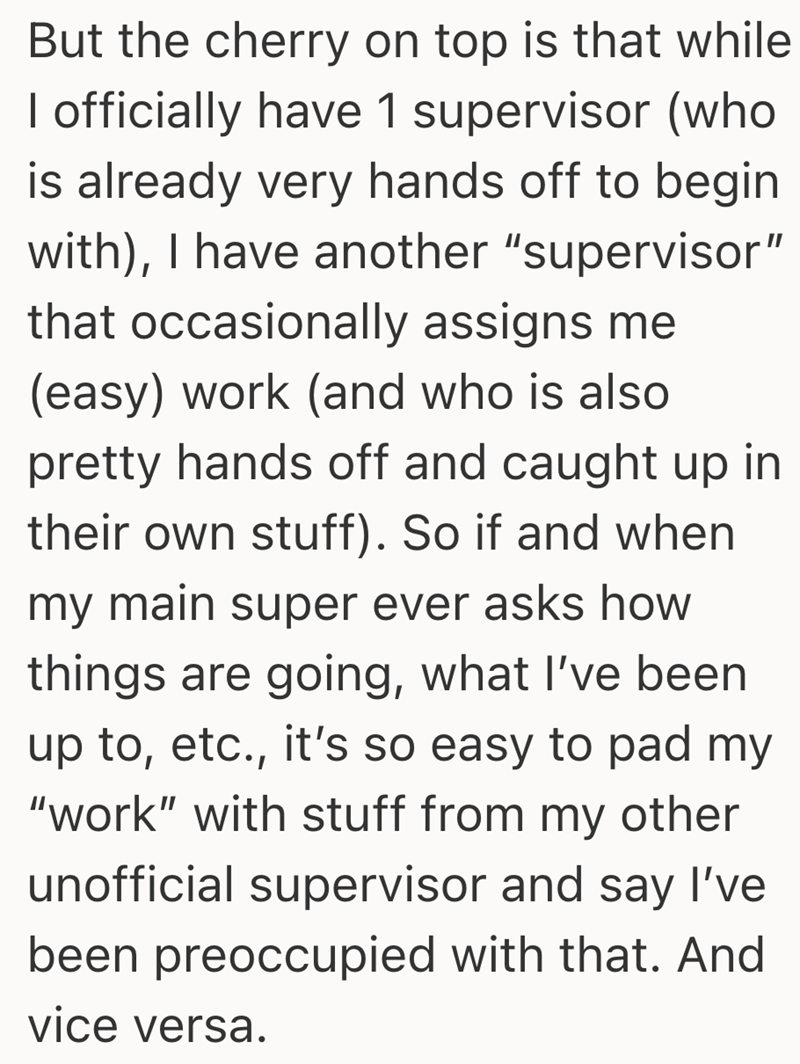 But the cherry on top is that while I officially have 1 supervisor (who is already very hands off to begin with), I have another "supervisor" that occasionally assigns me (easy) work (and who is also pretty hands off and caught up in their own stuff). So if and when my main super ever asks how things are going, what I've been up to, etc., it's so easy to pad my "work" with stuff from my other unofficial supervisor and say I've been preoccupied with that. And vice versa.