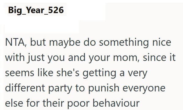Big_Year_526 NTA, but maybe do something nice with just you and your mom, since it seems like she's getting a very different party to punish everyone else for their poor behaviour