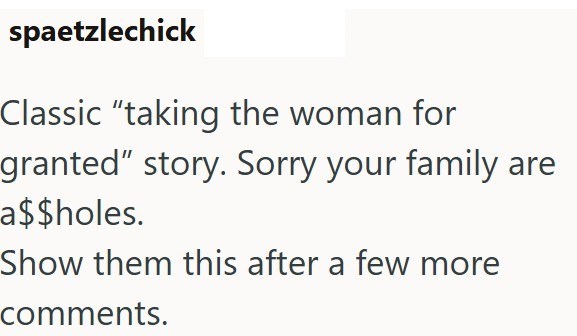 spaetzlechick Classic "taking the woman for granted" story. Sorry your family are a$$holes. Show them this after a few more comments.