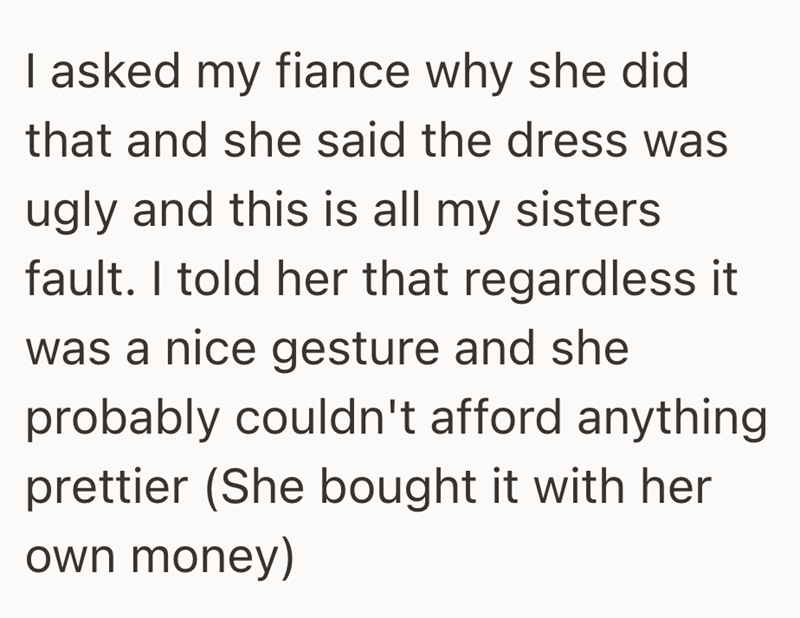 I asked my fiance why she did that and she said the dress was ugly and this is all my sisters fault. I told her that regardless it was a nice gesture and she probably couldn't afford anything prettier (She bought it with her own money)