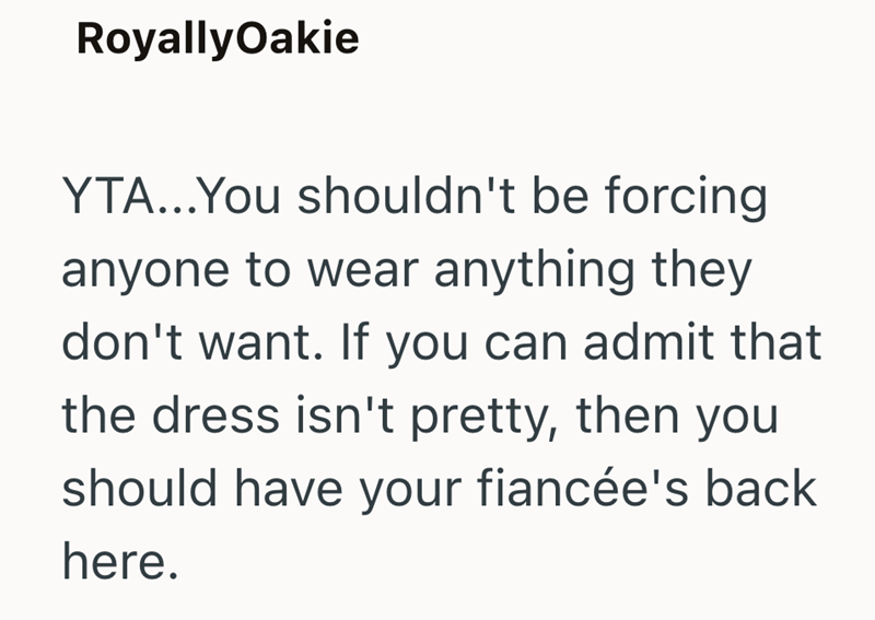 RoyallyOakie YTA...You shouldn't be forcing anyone to wear anything they don't want. If you can admit that the dress isn't pretty, then you should have your fiancée's back here.