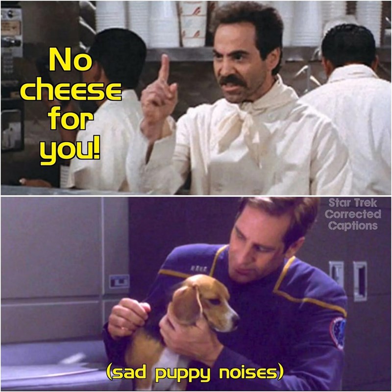 No cheese for you! s7zt (sad puppy noises) Star Trek Corrected Captions