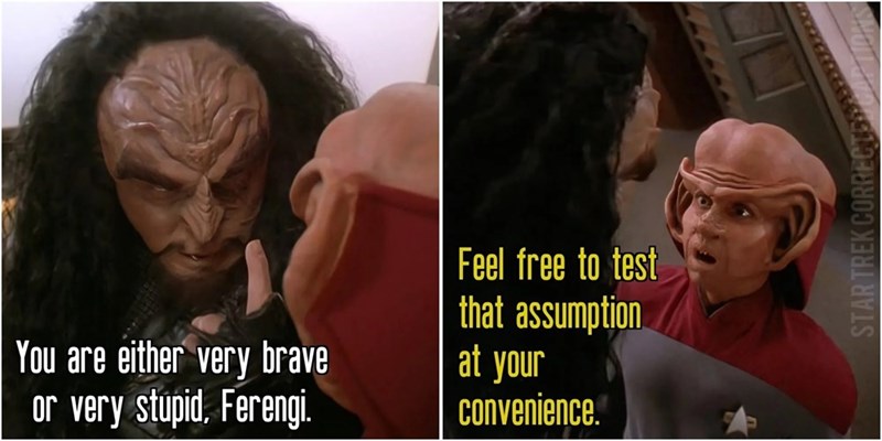 You are either very brave or very stupid, Ferengi. Feel free to test that assumption at your convenience. STAR TREK CORRECTS
