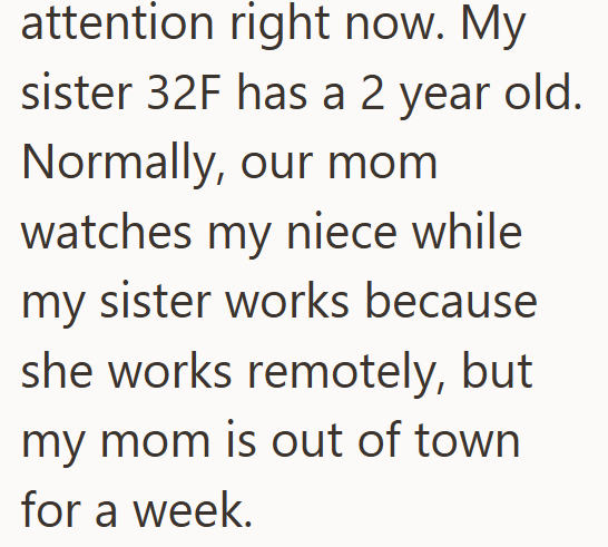 attention right now. My sister 32F has a 2 year old. Normally, our mom watches my niece while my sister works because she works remotely, but my mom is out of town for a week.