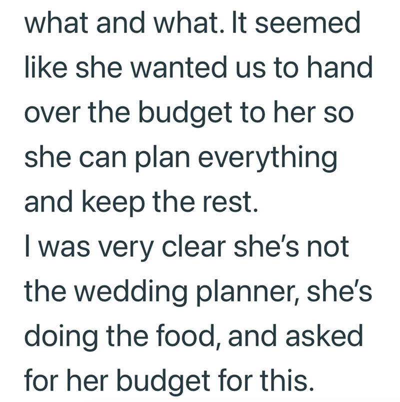 what and what. It seemed like she wanted us to hand over the budget to her so she can plan everything and keep the rest. I was very clear she's not the wedding planner, she's doing the food, and asked for her budget for this.