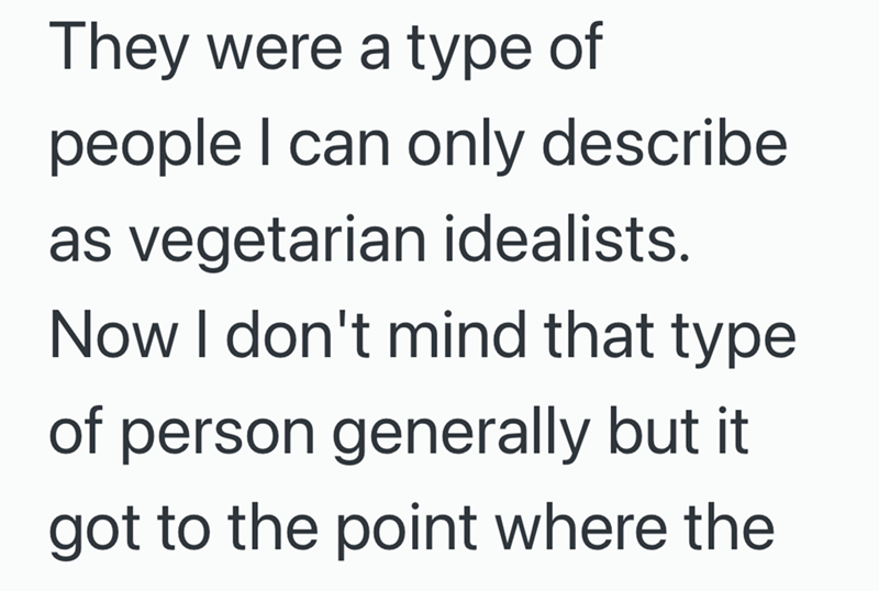 They were a type of people I can only describe as vegetarian idealists. Now I don't mind that type of person generally but it got to the point where the