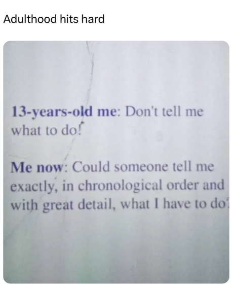 Adulthood hits hard 13-years-old me: Don't tell me what to do! Me now: Could someone tell me exactly, in chronological order and with great detail, what I have to do
