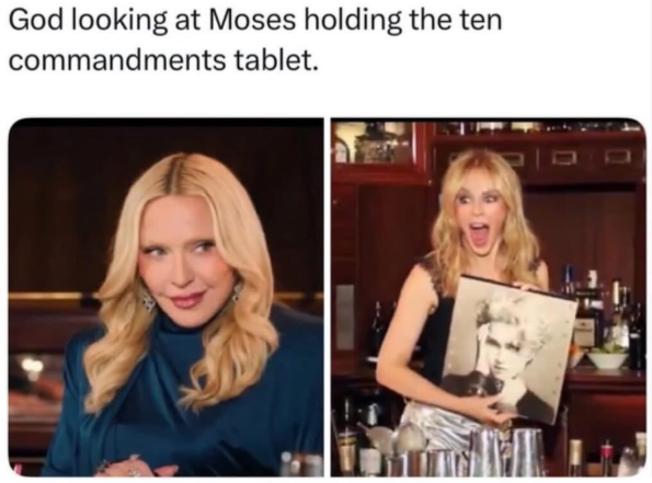 God looking at Moses holding the ten commandments tablet.
