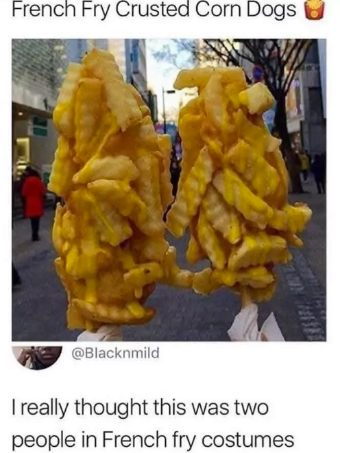 French Fry Crusted Corn Dogs @Blacknmild I really thought this was two people in French fry costumes