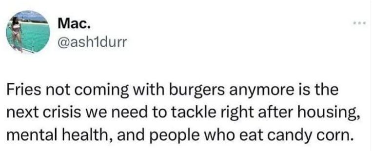 Mac. @ash1durr Fries not coming with burgers anymore is the next crisis we need to tackle right after housing, mental health, and people who eat candy corn.