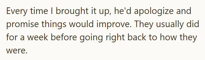 Every time I brought it up, he'd apologize and promise things would improve. They usually did for a week before going right back to how they were.