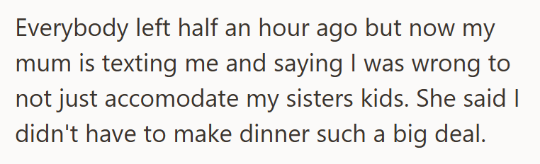Everybody left half an hour ago but now my mum is texting me and saying I was wrong to not just accomodate my sisters kids. She said I didn't have to make dinner such a big deal.