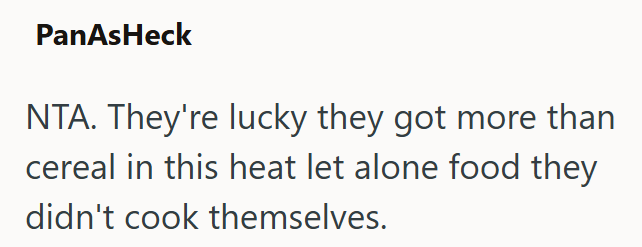 PanAsHeck NTA. They're lucky they got more than cereal in this heat let alone food they didn't cook themselves.